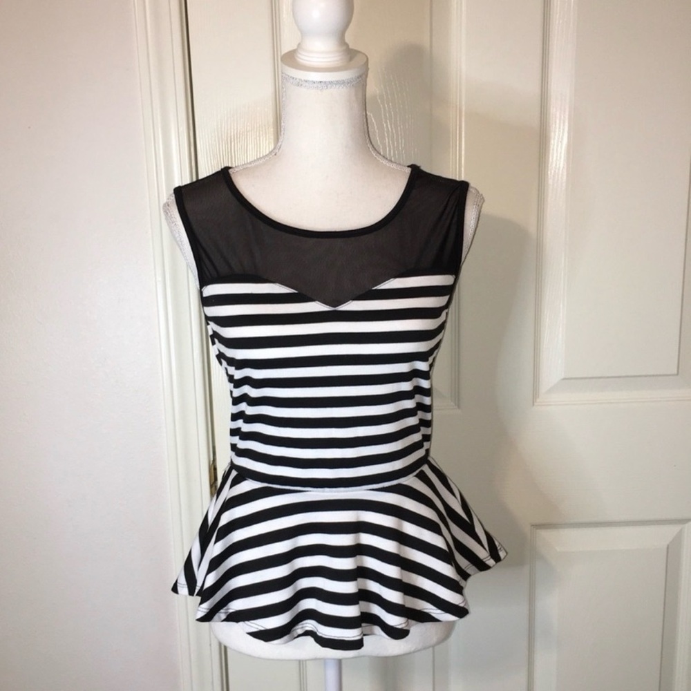 NWOT Slenderizing Rolla Coster Striped Peplum Top Sheer Neckline